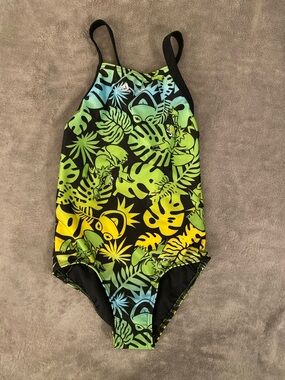 adidas Kids Black One-Piece with Neon Green & Yellow Tropical Print